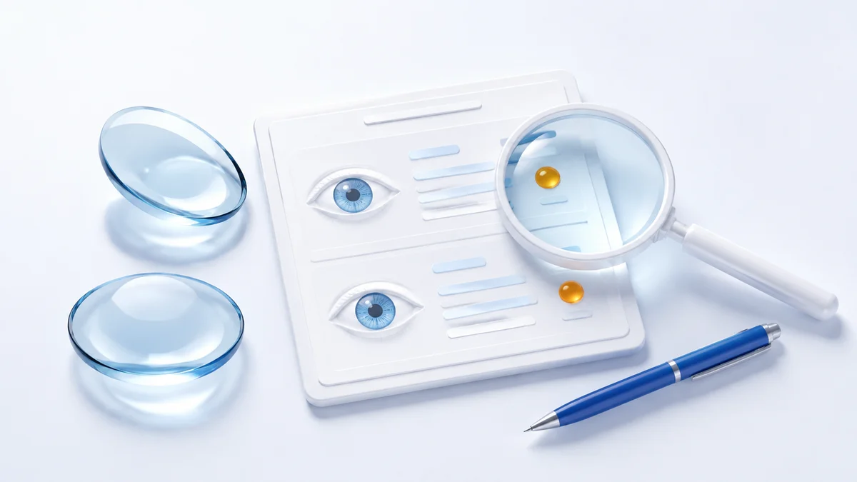 Two optical lenses beside a clinical note with amber review markers, a magnifier and a blue pen.