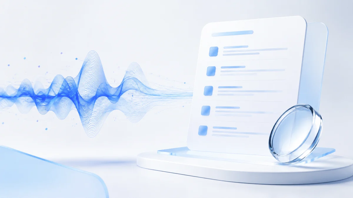 A cobalt speech waveform flows into a structured consultation note beside a glass optical lens.