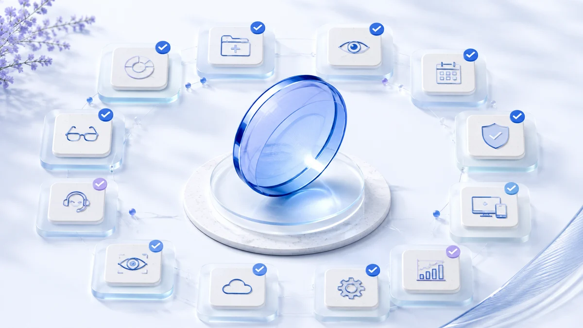 A frosted optical lens surrounded by twelve evaluation tiles on a white and pale blue background.