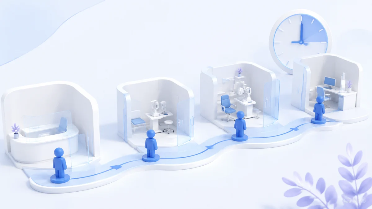 Four connected stages show arrival, workup, consultation and the next patient handoff.