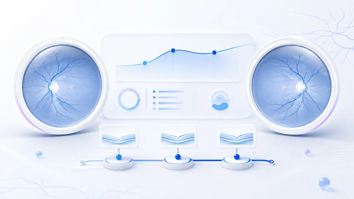 A timeline connects three visits, each preserving separate right-eye and left-eye records.