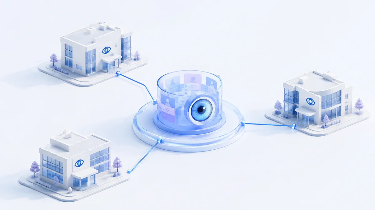 Three hospital branches connect to a shared record with a central access-control symbol.