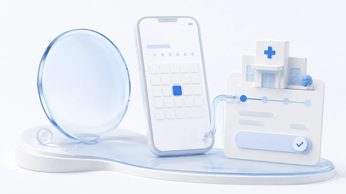 A pale blue optical lens beside a phone calendar connected to a hospital appointment card.
