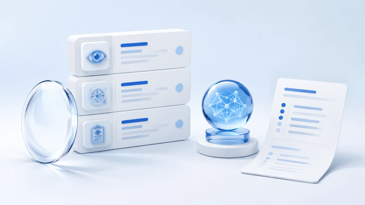 Encounter tiles, a separate blue AI orb and an itemized invoice beside a glass optical lens.