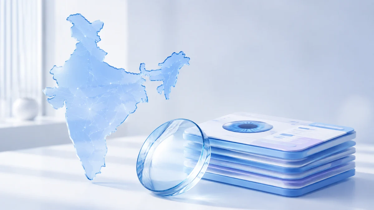 A pale blue map of India beside an optical lens and digital eye-care records.